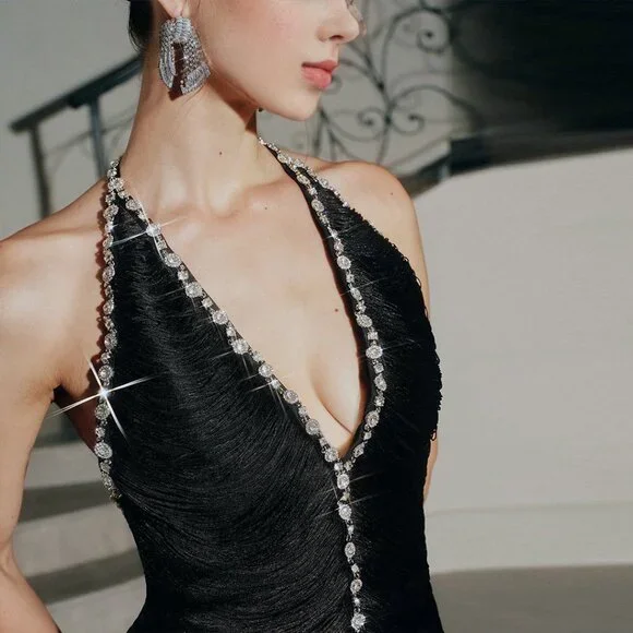 LUXE Rhinestone Fringe Bandage Gown - Black Halter Neck & Sparkle Evening Dress - Picture 4 of 11